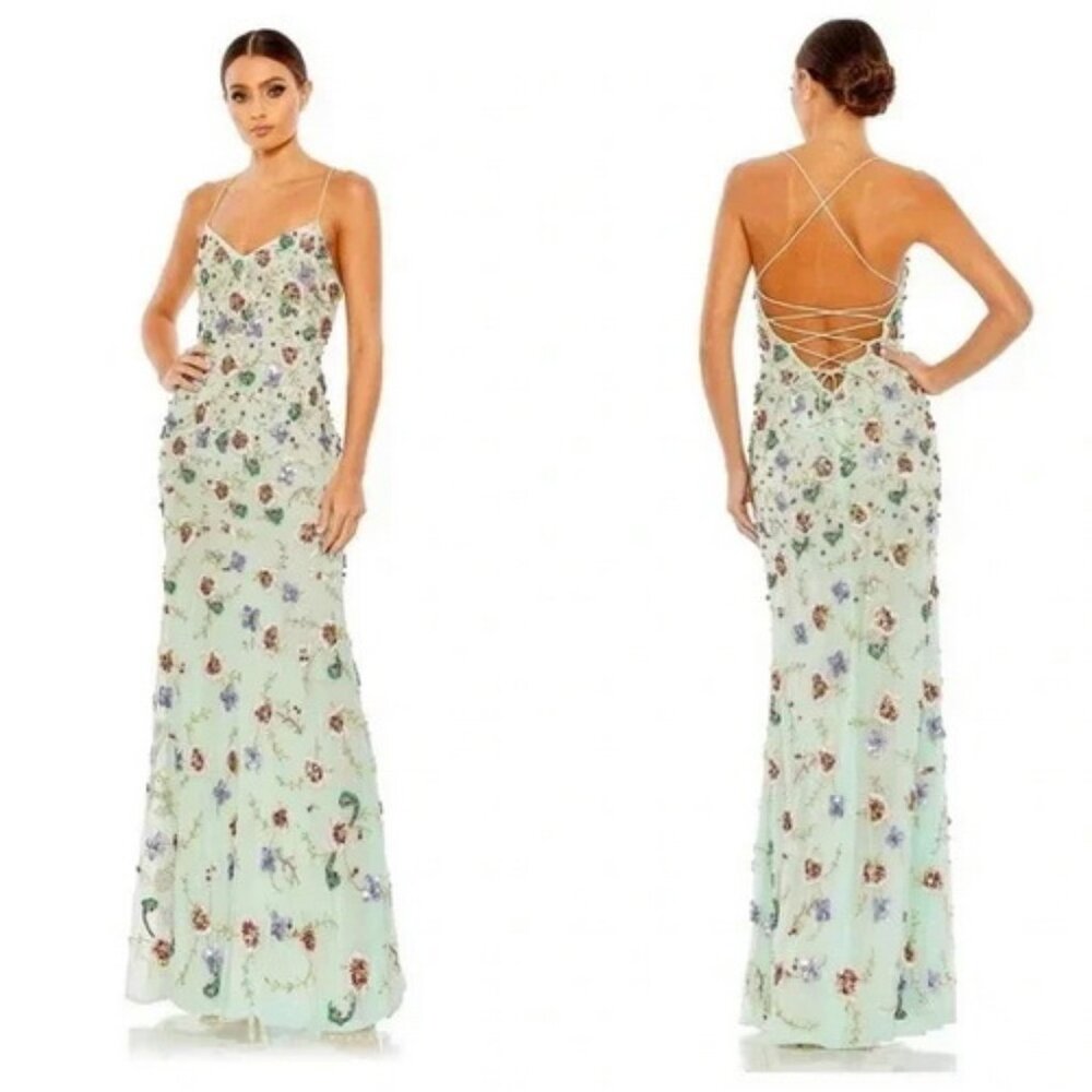 Mac Duggal Aqua Green Embroidered Beaded Corset Back Evening Gown